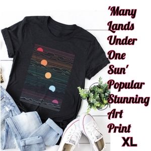 NEW "Many Lands Under One Sun" Black Graphic Art Metallic Print T-shirt Top XL